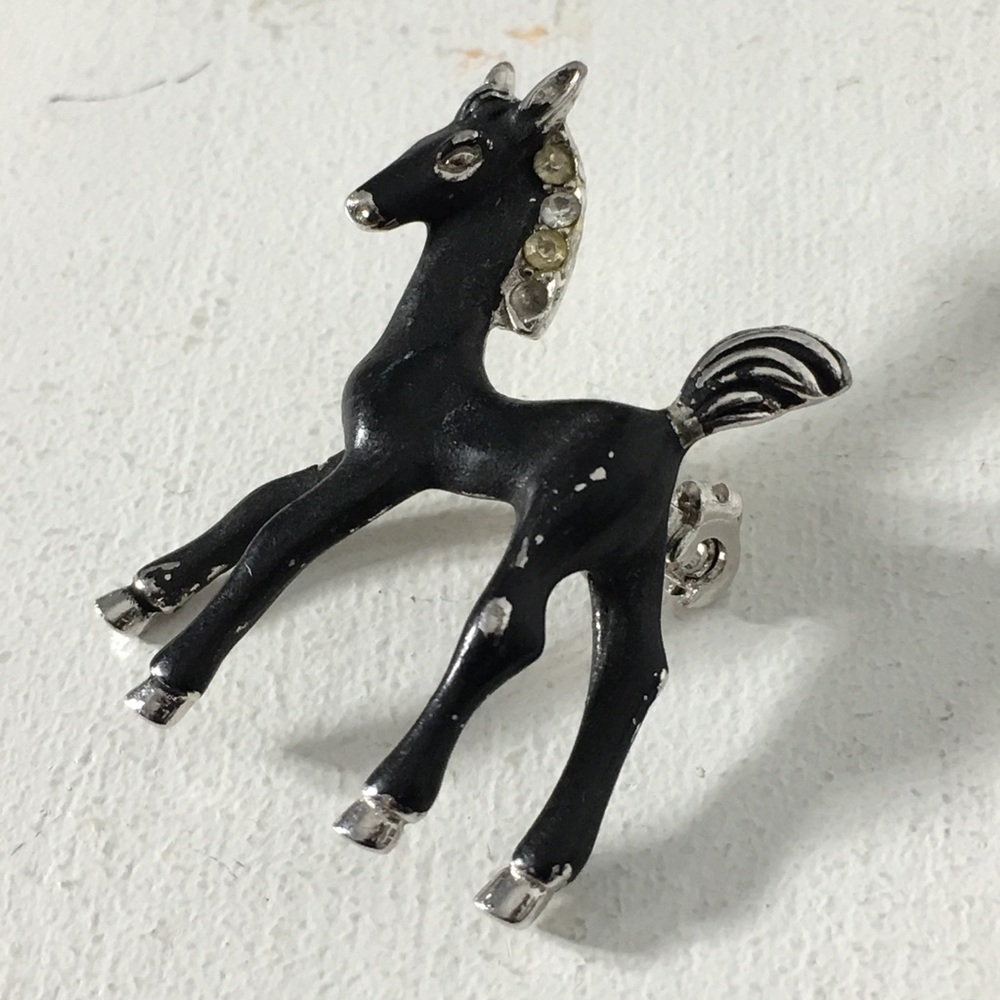 @Popup Show: Vintage Black Horse Clear Rhinestone Brooch/Pin